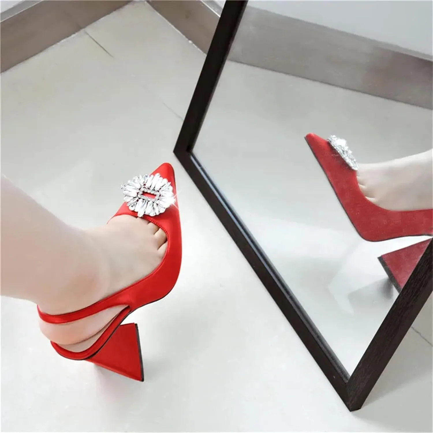 Women's Pointed Toe Rhinestone Slingback Pumps - Clear Chunky Heel Wedding Office Shoes