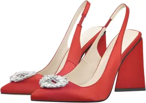 Women's Pointed Toe Rhinestone Slingback Pumps - Clear Chunky Heel Wedding Office Shoes