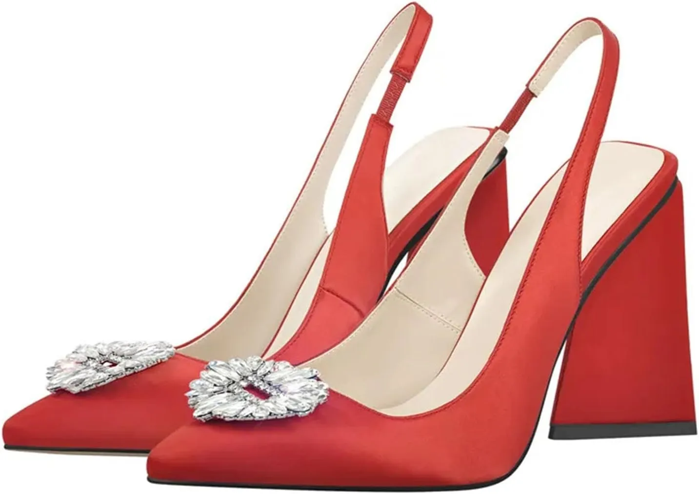 Women's Pointed Toe Rhinestone Slingback Pumps - Clear Chunky Heel Wedding Office Shoes