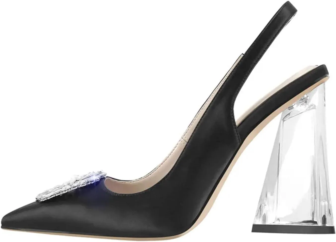 Women's Pointed Toe Rhinestone Slingback Pumps - Clear Chunky Heel Wedding Office Shoes