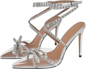 Women's Pointed Toe Sexy Strap Sandals - Ankle Strap Wedding Bow Rivet Cross Heels