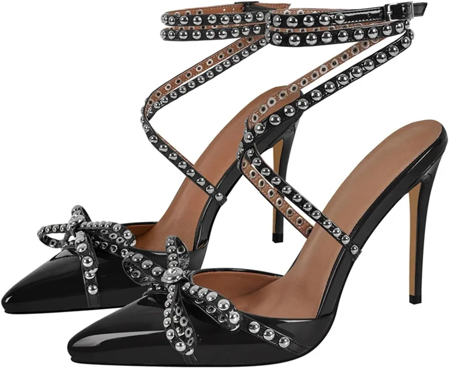 Women's Pointed Toe Sexy Strap Sandals - Ankle Strap Wedding Bow Rivet Cross Heels