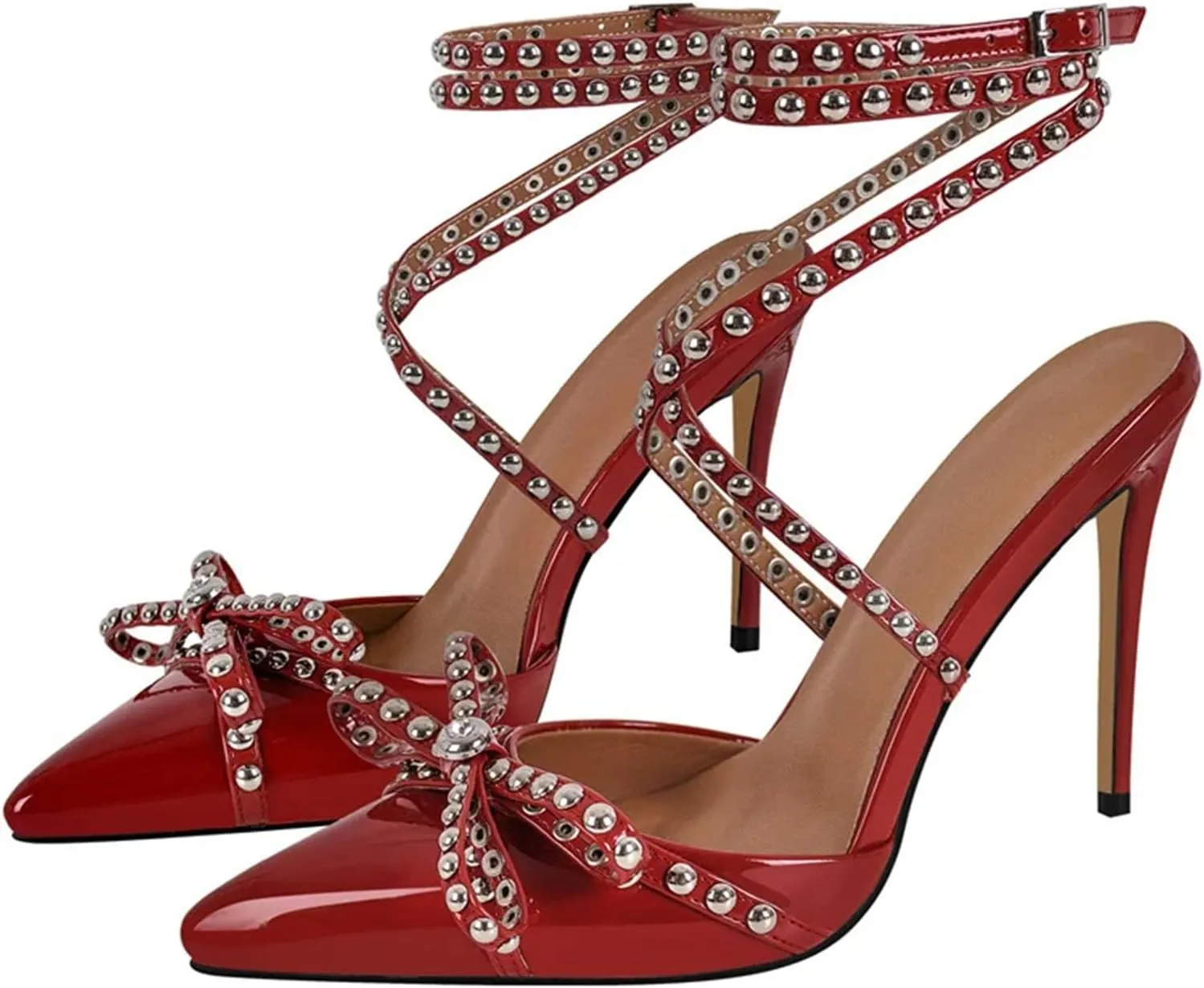 Women's Pointed Toe Sexy Strap Sandals - Ankle Strap Wedding Bow Rivet Cross Heels