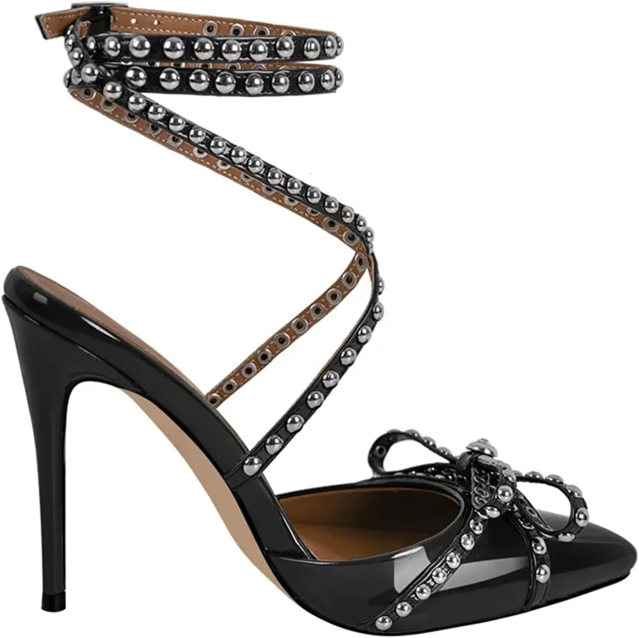 Women's Pointed Toe Sexy Strap Sandals - Ankle Strap Wedding Bow Rivet Cross Heels