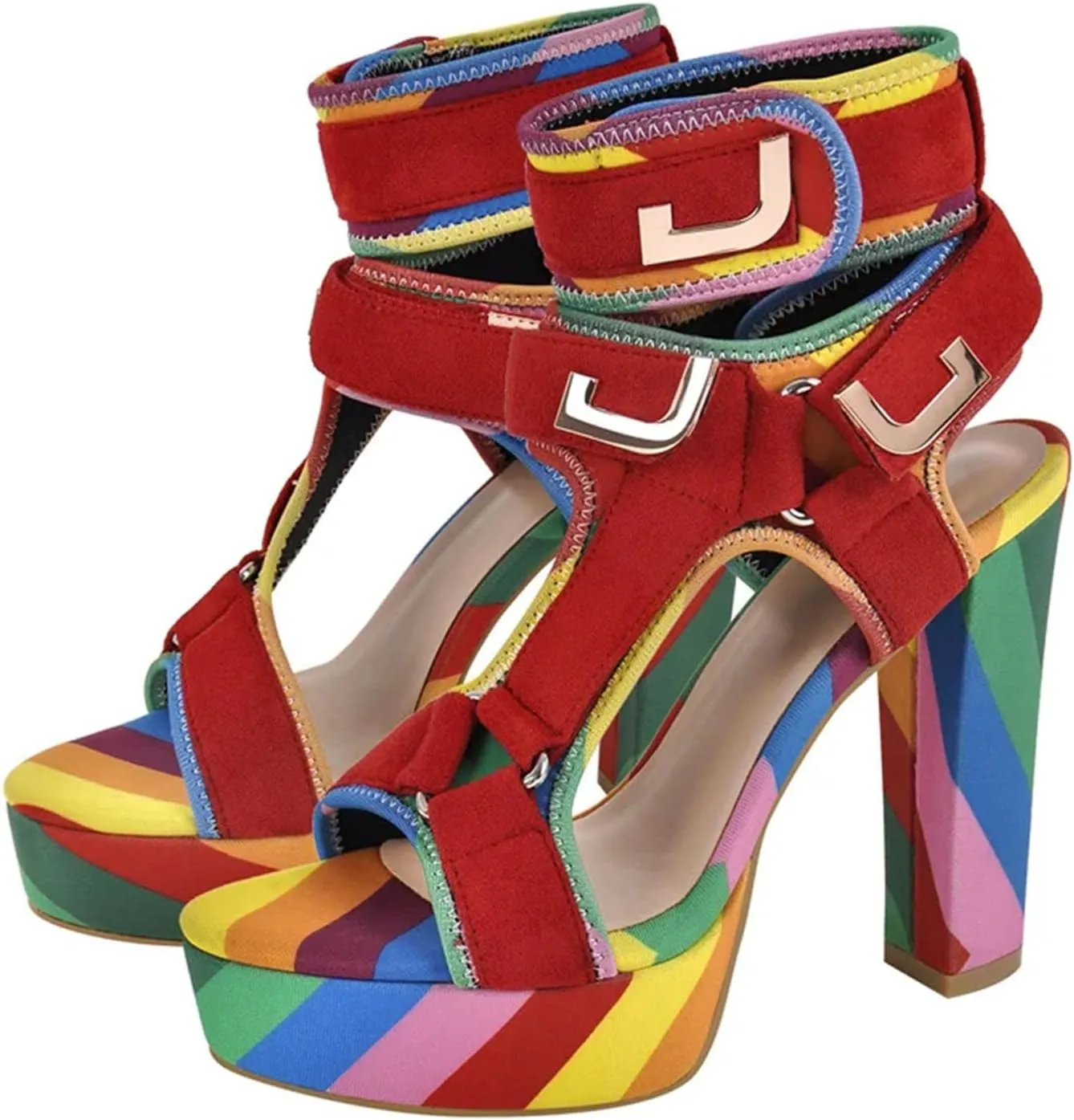 Women's Rainbow Canvas Sandals - Cross Strap Chunky Platform Heels