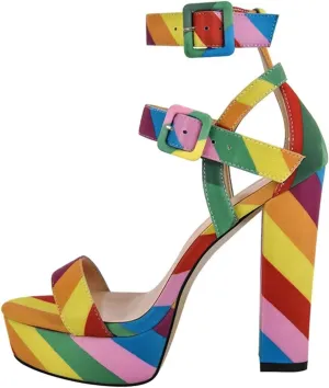 Women's Rainbow Canvas Sandals - Cross Strap Chunky Platform Heels