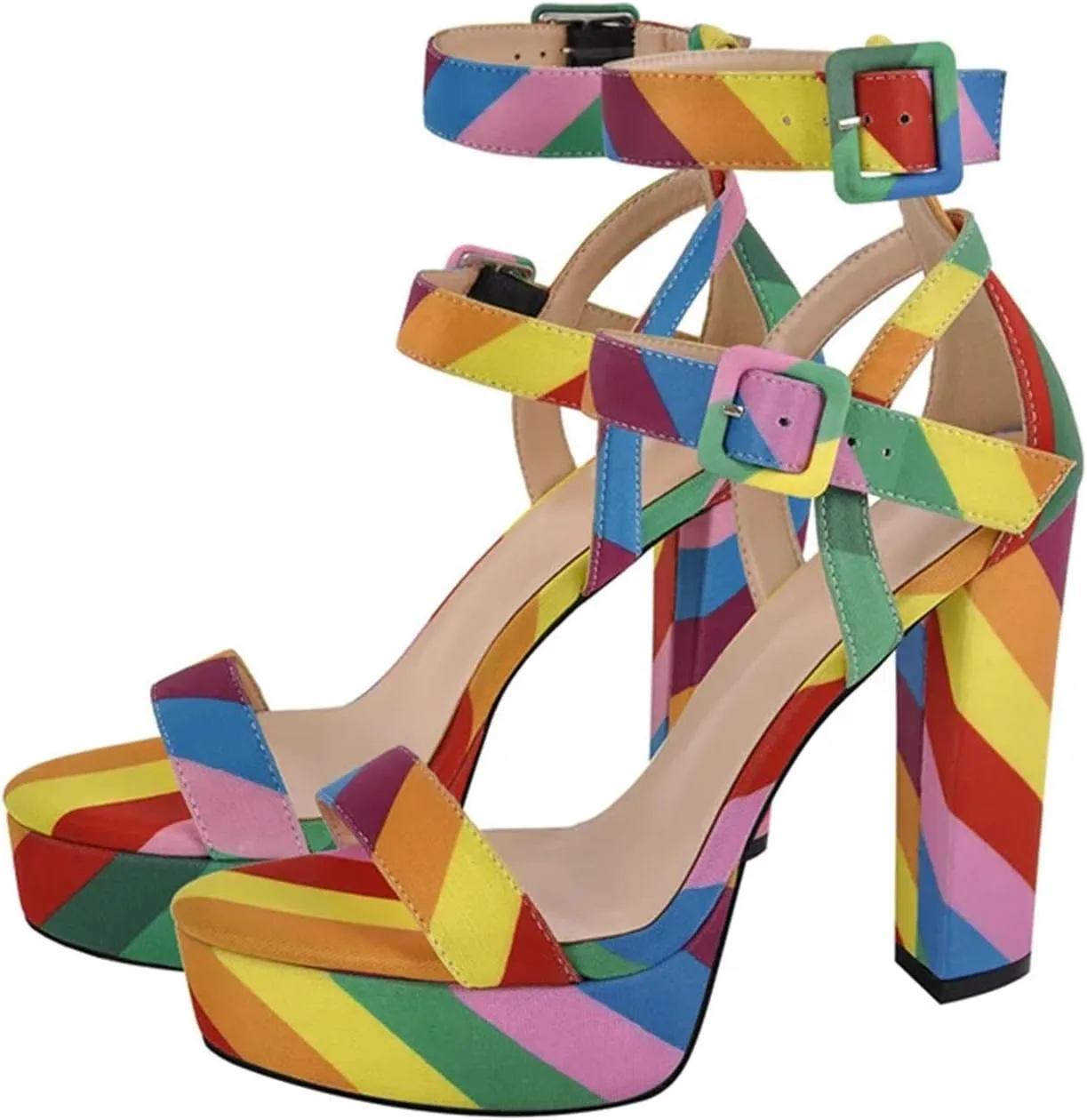 Women's Rainbow Canvas Sandals - Cross Strap Chunky Platform Heels