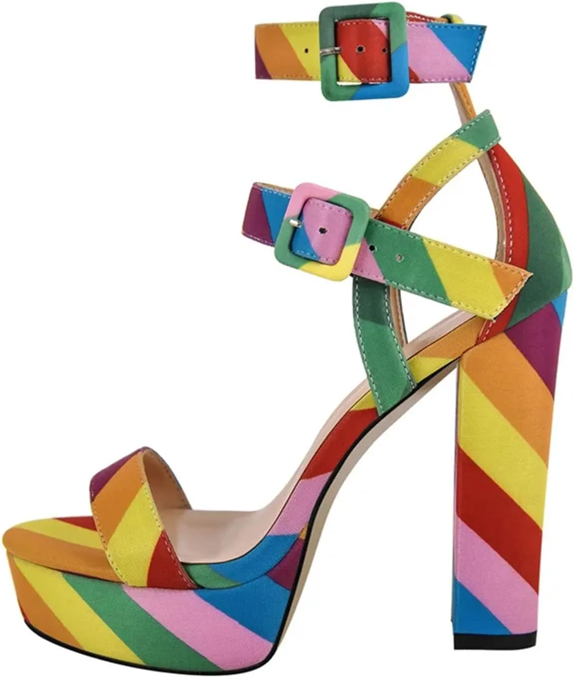Women's Rainbow Canvas Sandals - Cross Strap Chunky Platform Heels