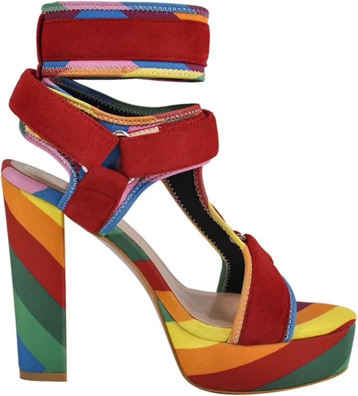 Women's Rainbow Canvas Sandals - Cross Strap Chunky Platform Heels