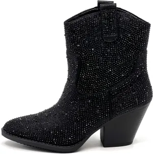 Women's Rhinestone Block Heel Mid Calf Short Ankle Booties Knee High Boots