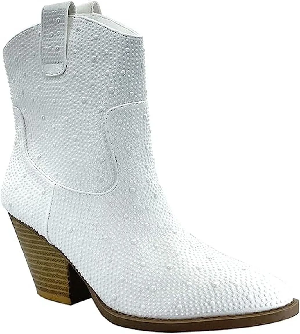 Women's Rhinestone Block Heel Mid Calf Short Ankle Booties Knee High Boots