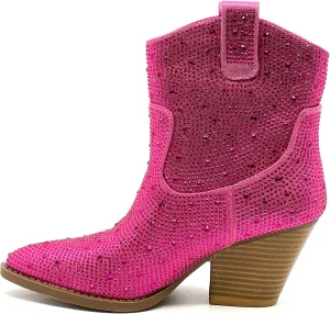 Women's Rhinestone Block Heel Mid Calf Short Ankle Booties Knee High Boots