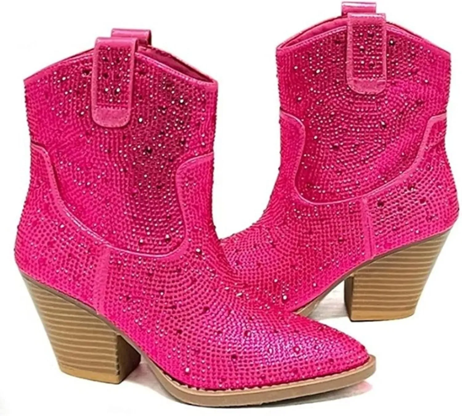 Women's Rhinestone Block Heel Mid Calf Short Ankle Booties Knee High Boots