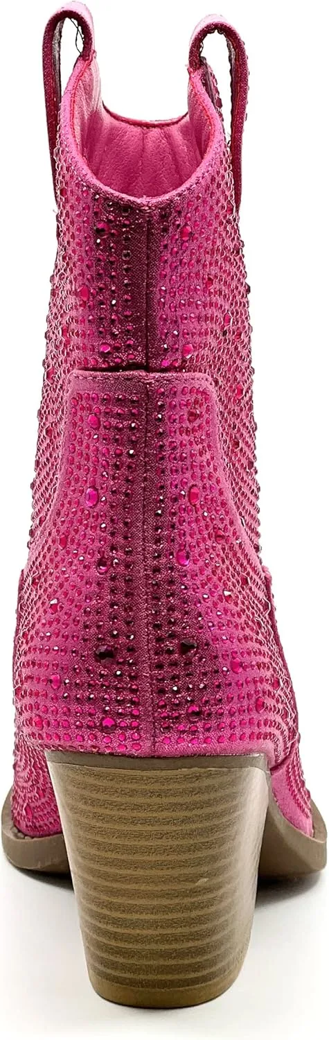 Women's Rhinestone Block Heel Mid Calf Short Ankle Booties Knee High Boots