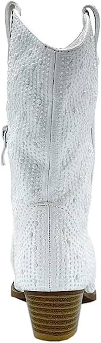Women's Rhinestone Block Heel Mid Calf Short Ankle Booties Knee High Boots