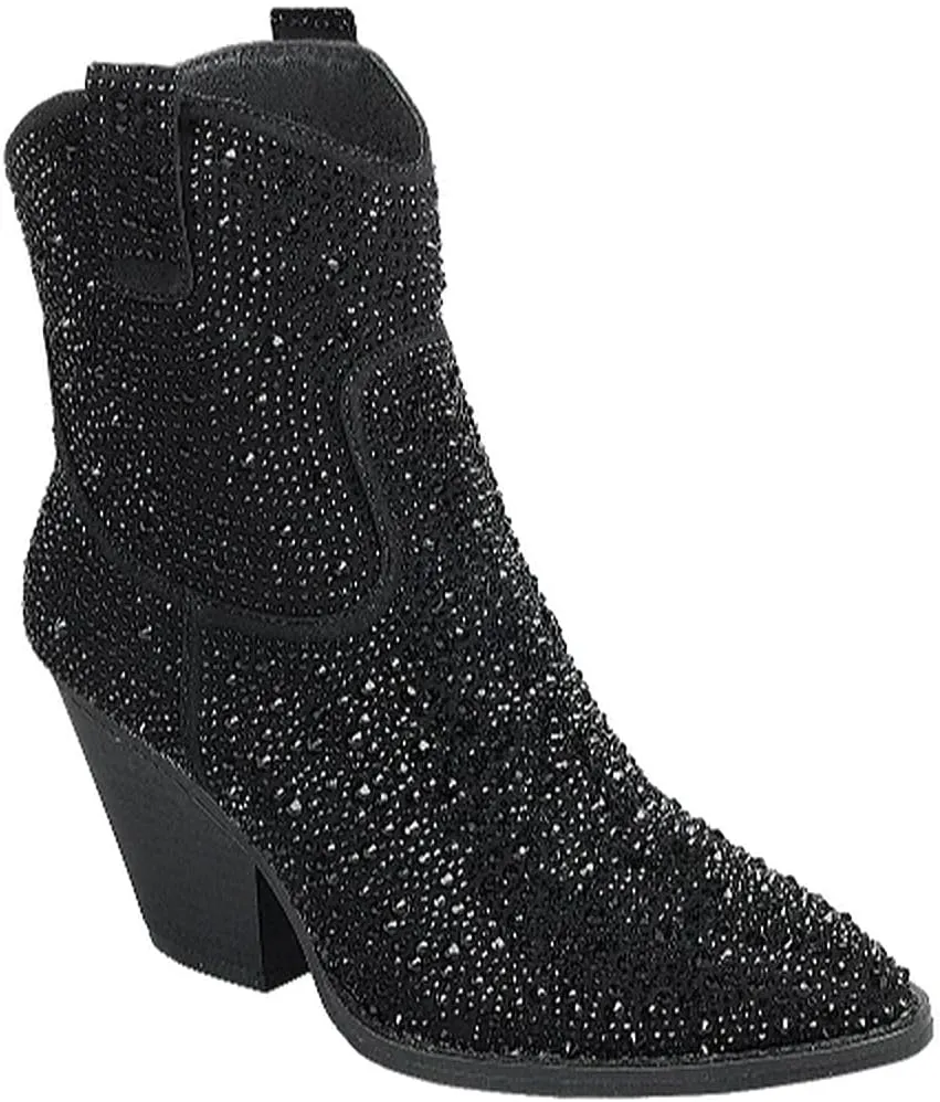 Women's Rhinestone Block Heel Mid Calf Short Ankle Booties Knee High Boots