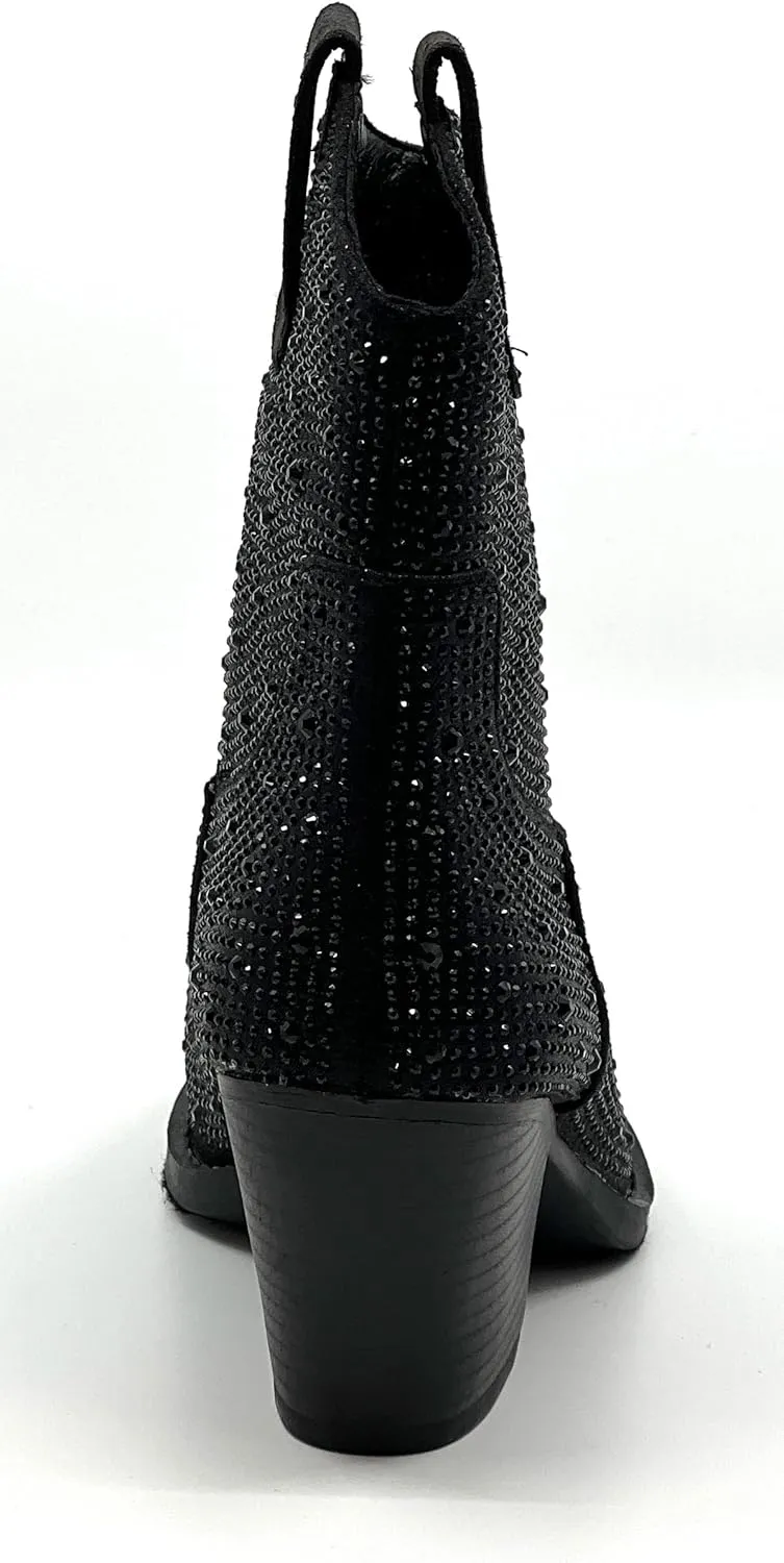 Women's Rhinestone Block Heel Mid Calf Short Ankle Booties Knee High Boots