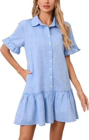 Women's Ruffle Short Sleeve Button Up Mini Dress Cotton Drop Waist Tunic Shirt Dress