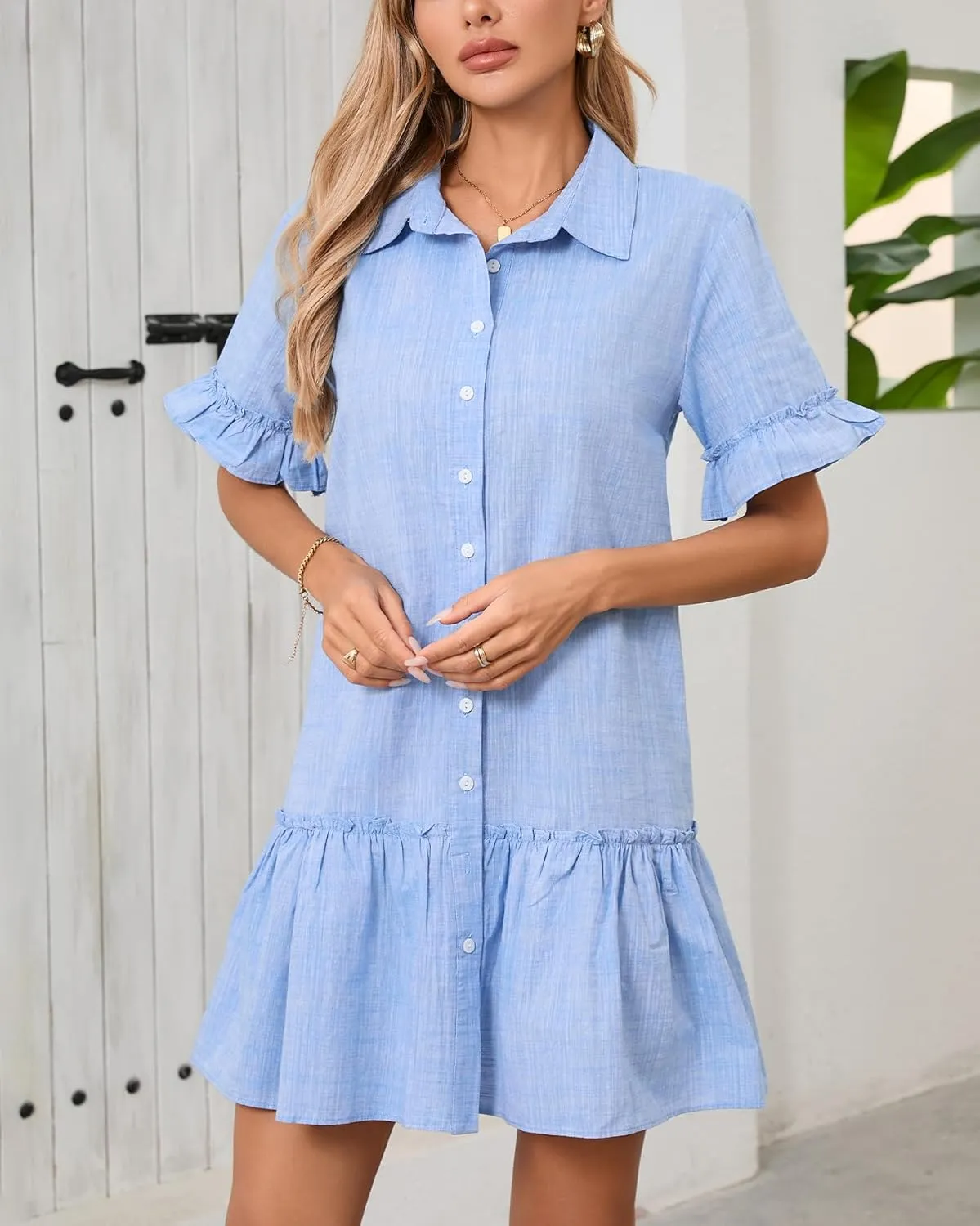 Women's Ruffle Short Sleeve Button Up Mini Dress Cotton Drop Waist Tunic Shirt Dress