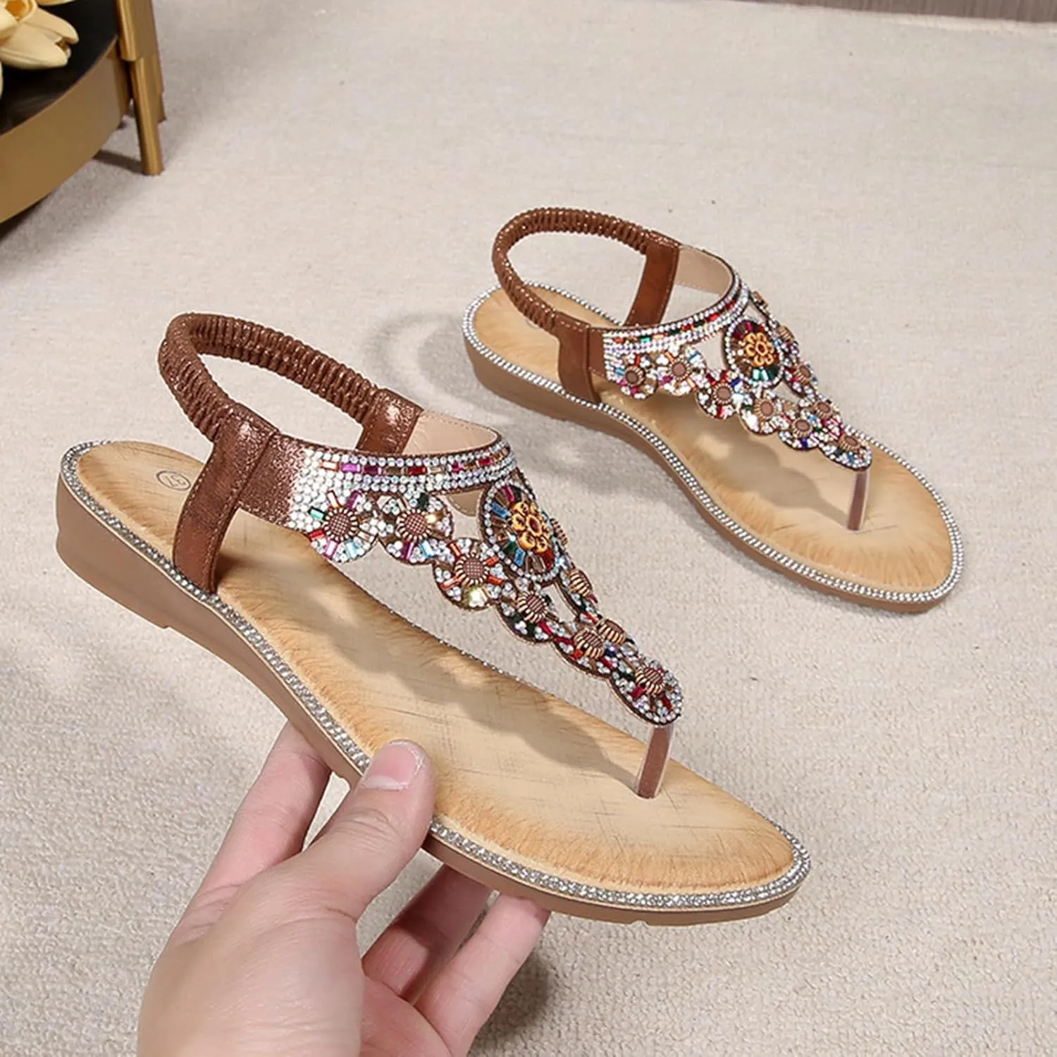 Womens Sandals Dressy Flat T-strap Flat Bohemian Beaded Comfortable Summer Slip On Ankle Elastic Thong Sandals