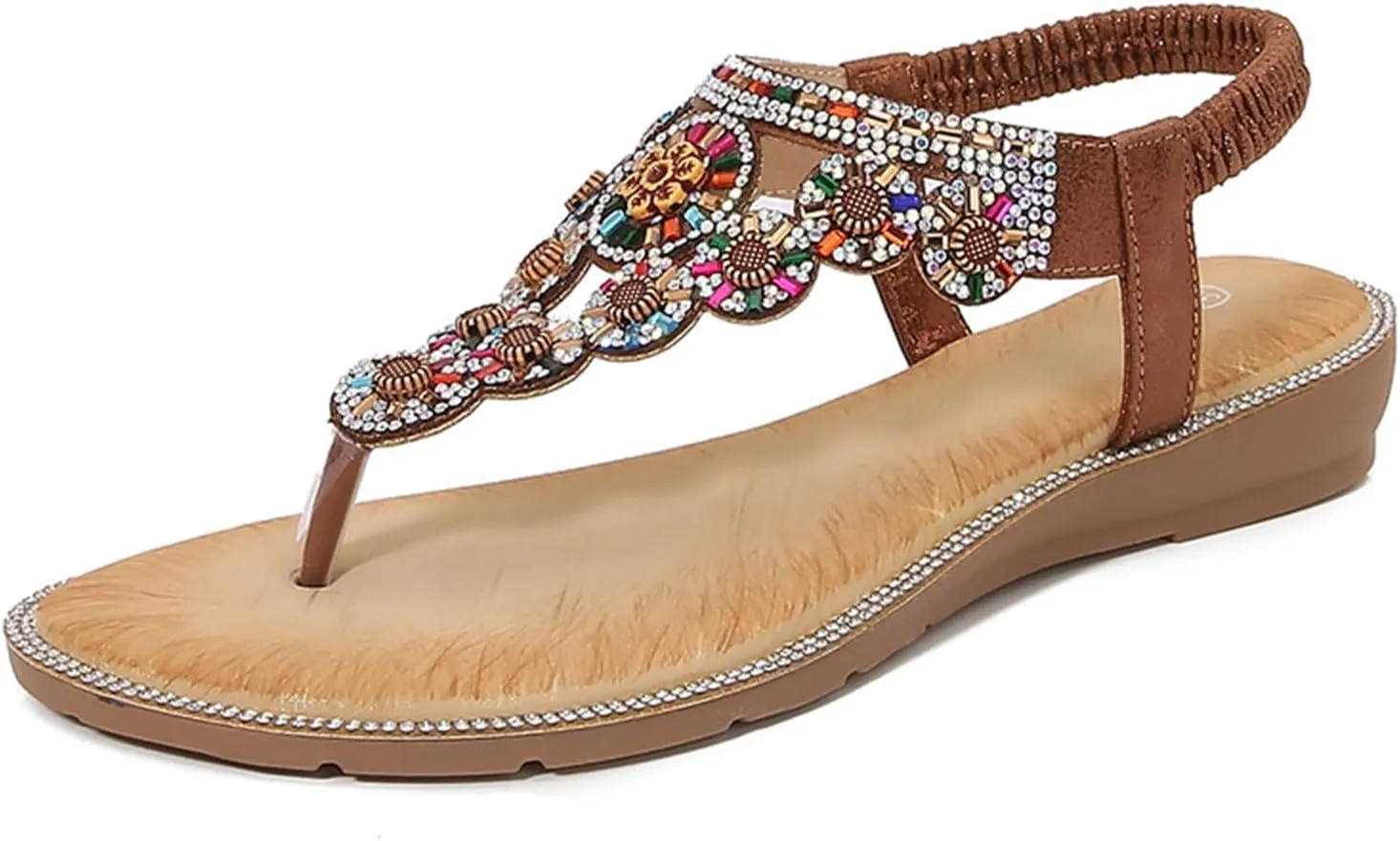 Womens Sandals Dressy Flat T-strap Flat Bohemian Beaded Comfortable Summer Slip On Ankle Elastic Thong Sandals