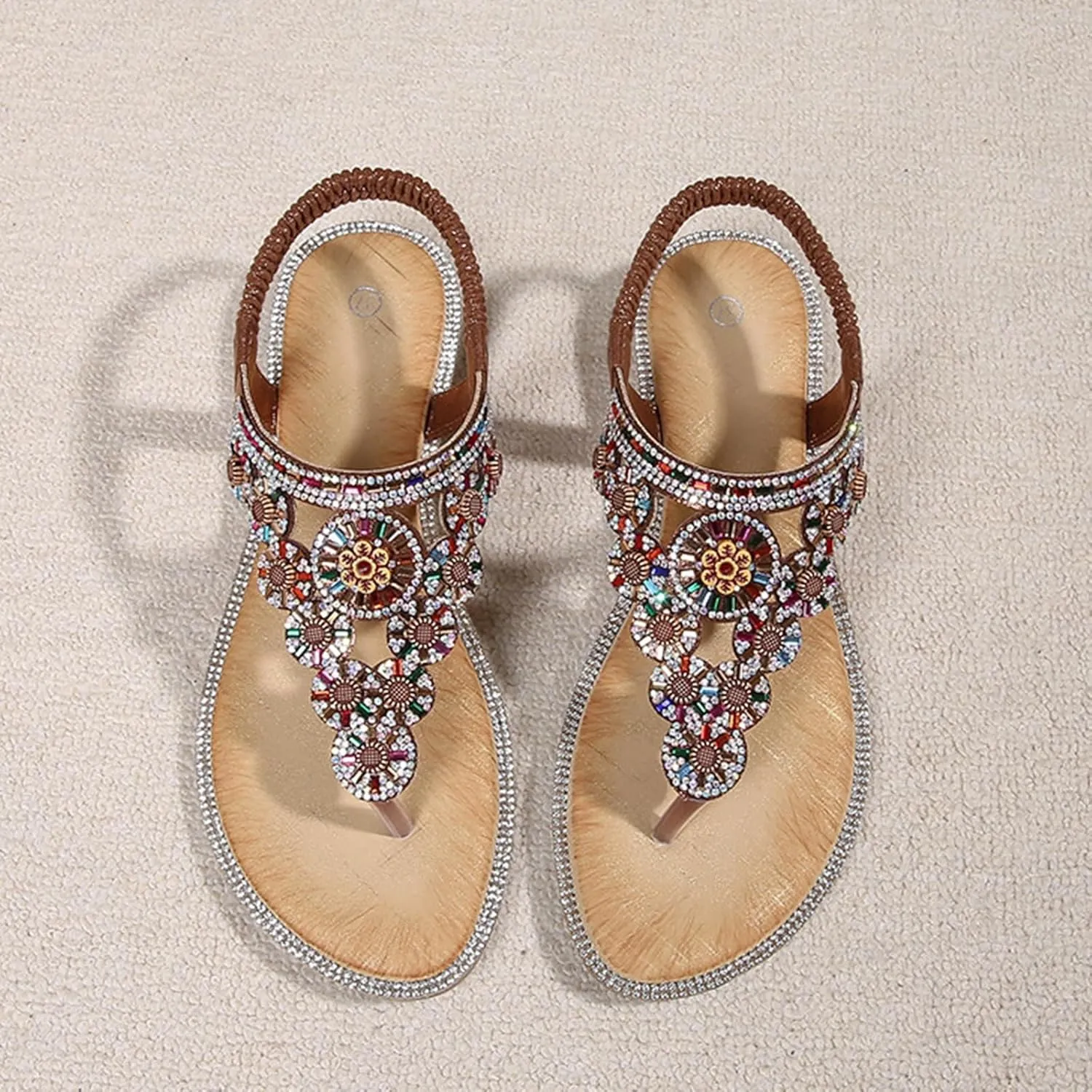 Womens Sandals Dressy Flat T-strap Flat Bohemian Beaded Comfortable Summer Slip On Ankle Elastic Thong Sandals