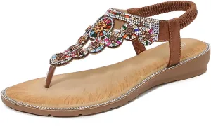 Womens Sandals Dressy Flat T-strap Flat Bohemian Beaded Comfortable Summer Slip On Ankle Elastic Thong Sandals