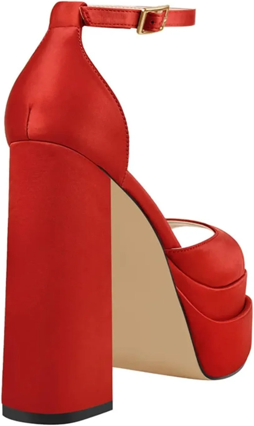 Women's Satin Platform Sandals - Round Toe Chunky Party Pumps