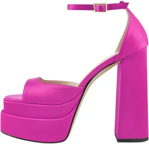 Women's Satin Platform Sandals - Round Toe Chunky Party Pumps