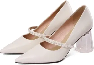 Womens Shoes Crystal High Heels Shoes Women Pointed Toe String Beads Real Pumps Lady Dress Evening