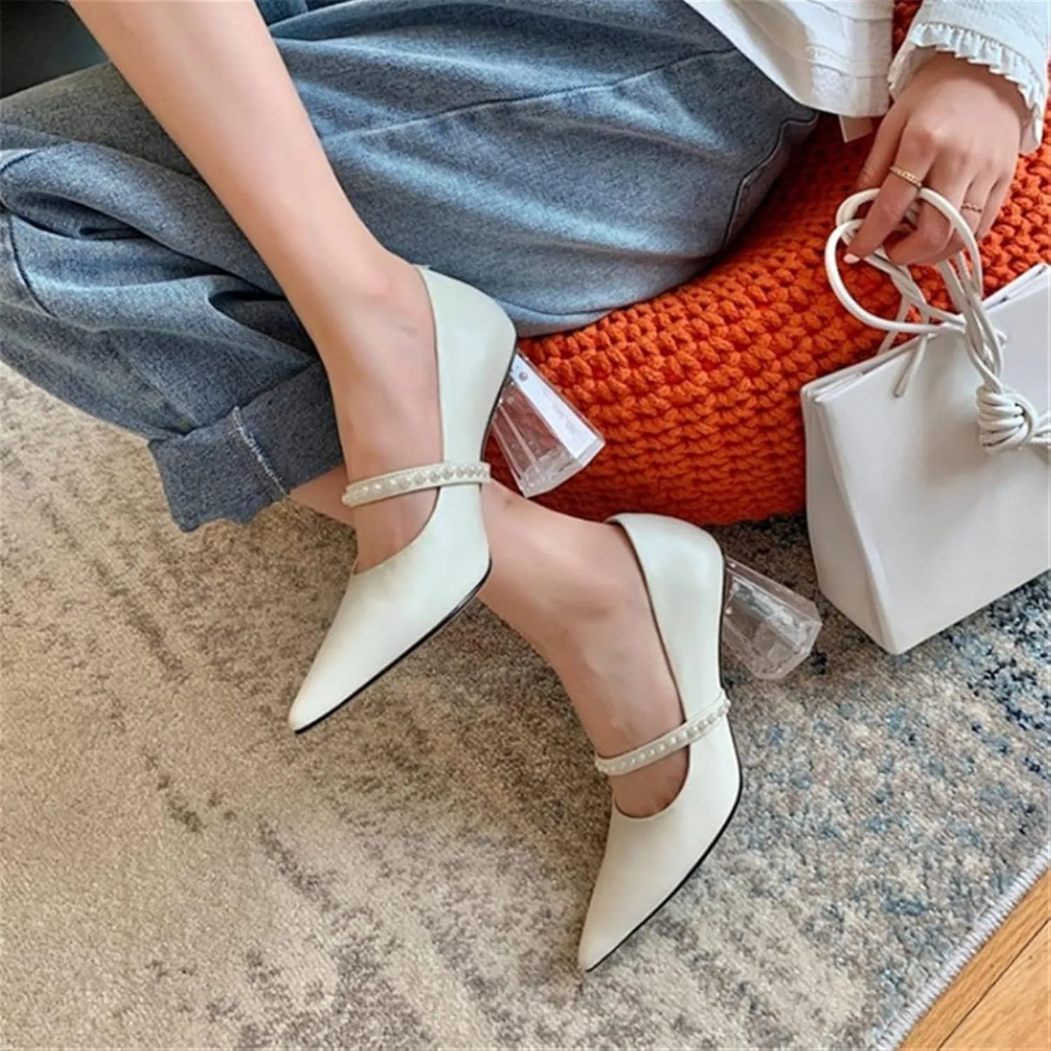 Womens Shoes Crystal High Heels Shoes Women Pointed Toe String Beads Real Pumps Lady Dress Evening