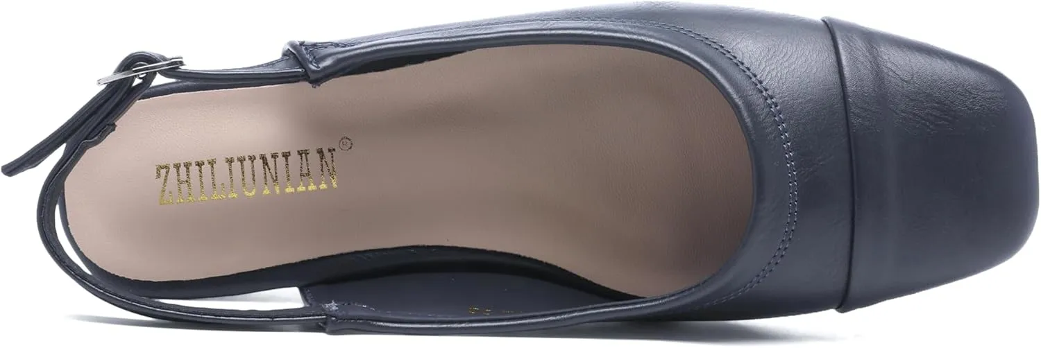 Women's Slingback Low Heel Pumps,Ladies Closed Square Toe Wedge Sandals Dressy Casual Trendy Comfortable Buckle Fancy Business Office Teacher Holiday Leather Shoe
