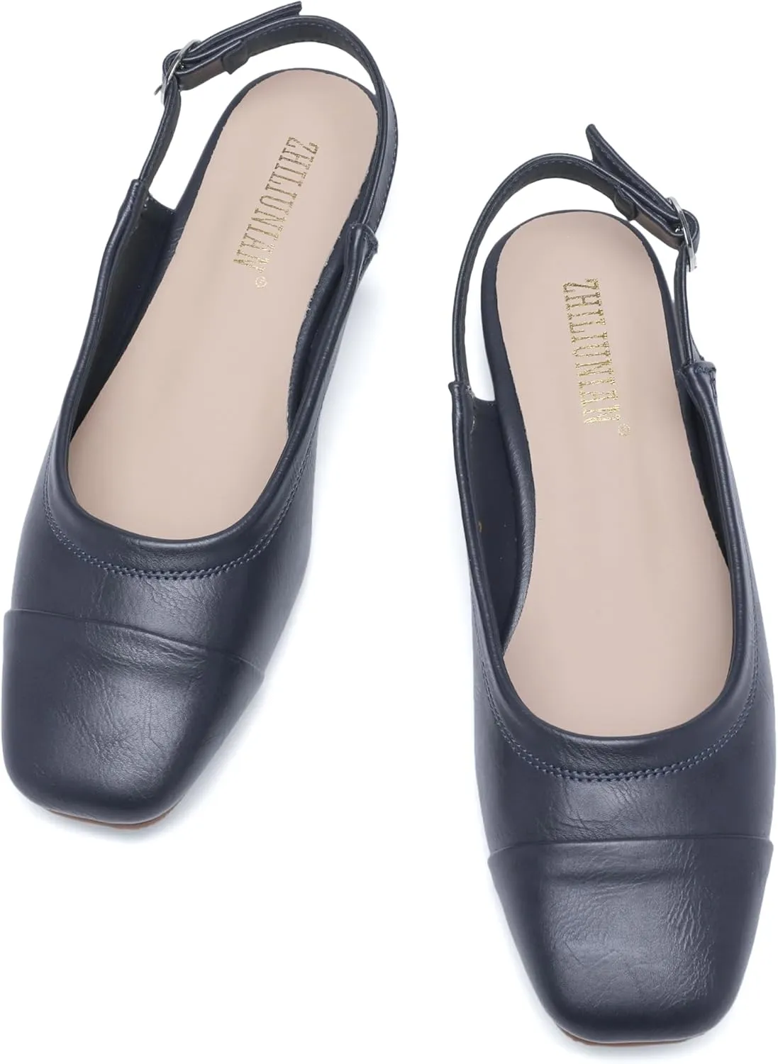 Women's Slingback Low Heel Pumps,Ladies Closed Square Toe Wedge Sandals Dressy Casual Trendy Comfortable Buckle Fancy Business Office Teacher Holiday Leather Shoe