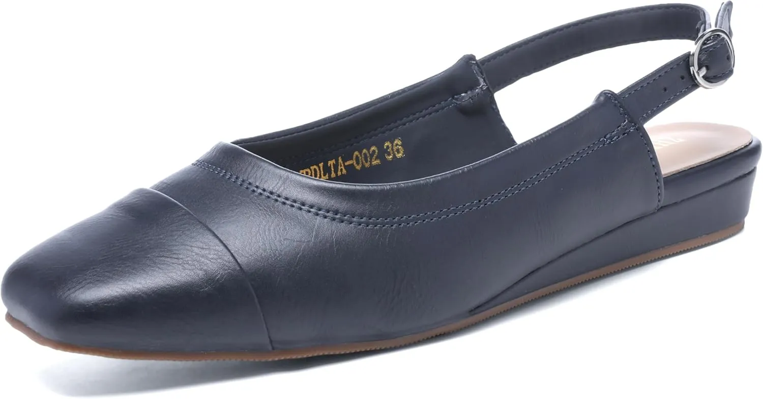 Women's Slingback Low Heel Pumps,Ladies Closed Square Toe Wedge Sandals Dressy Casual Trendy Comfortable Buckle Fancy Business Office Teacher Holiday Leather Shoe