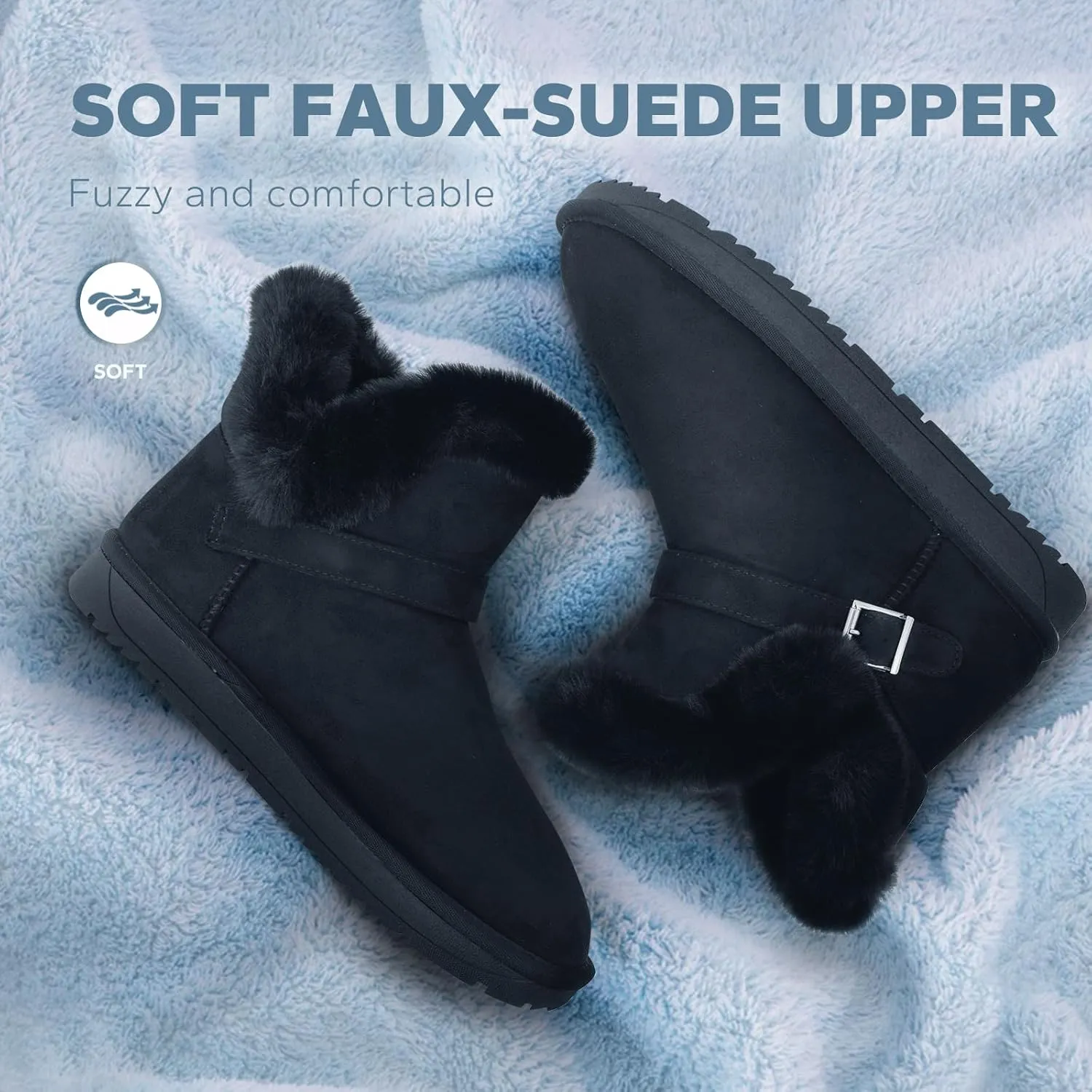 Women's Slip On Winter Boots - Warm Fur Lined Ankle Booties - Comfortable Short Fuzzy Boots Black Grey