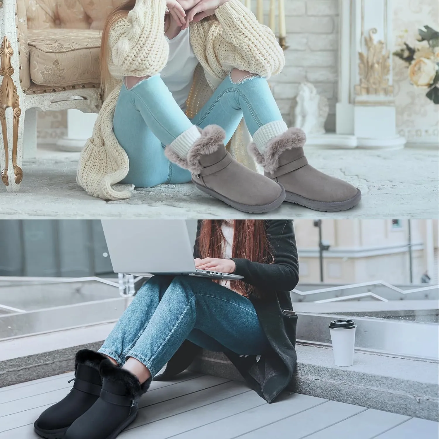 Women's Slip On Winter Boots - Warm Fur Lined Ankle Booties - Comfortable Short Fuzzy Boots Black Grey