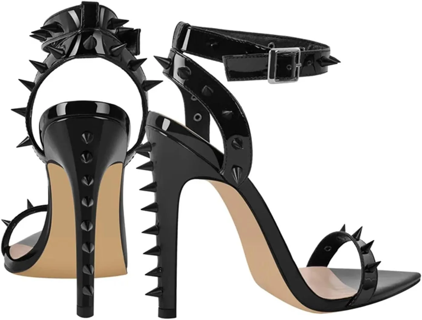 Women's Spiked Stiletto Sandals - Open Toe Buckle Ankle Strap Heels