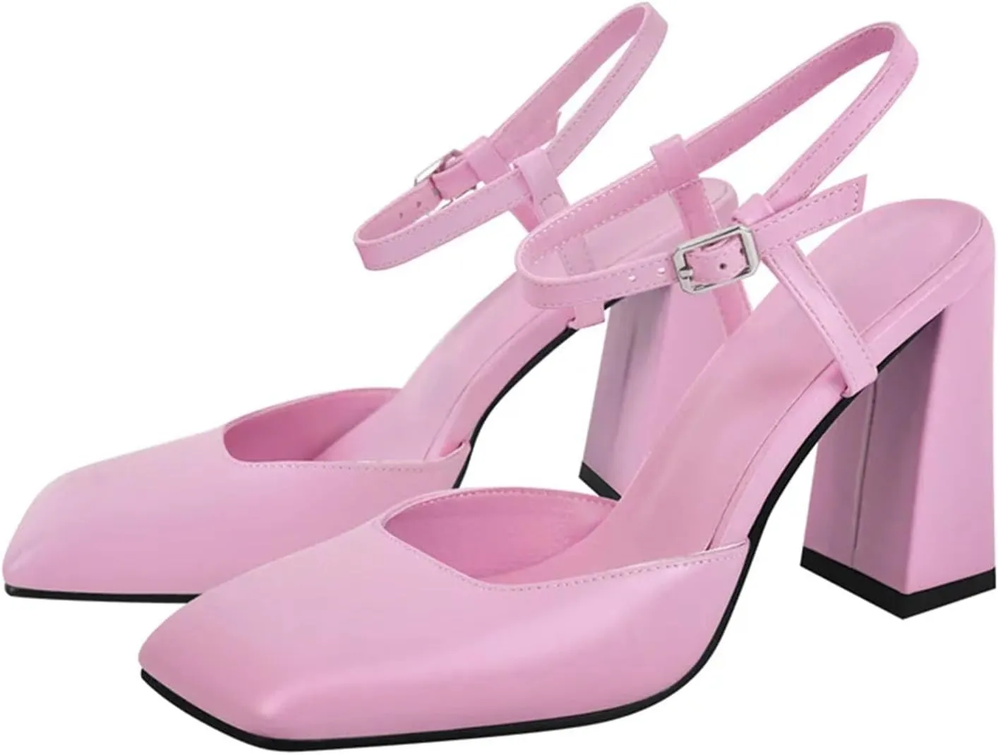 Women's Square Toe Pumps - Chunky Square Heel Ankle Strap Dress Shoes