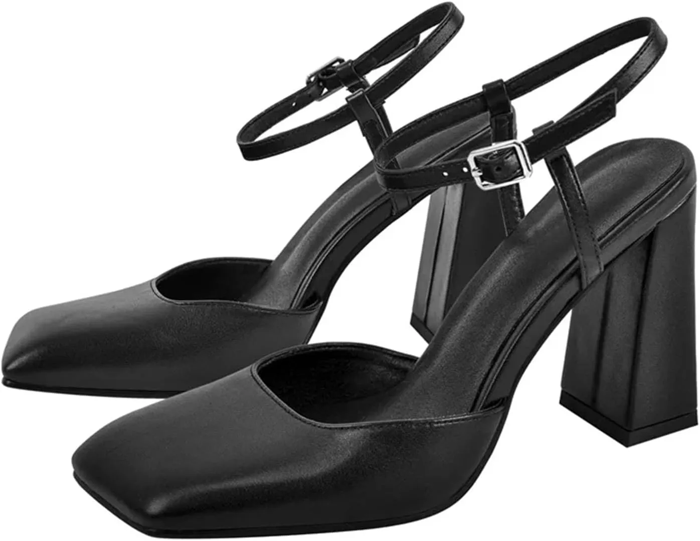 Women's Square Toe Pumps - Chunky Square Heel Ankle Strap Dress Shoes
