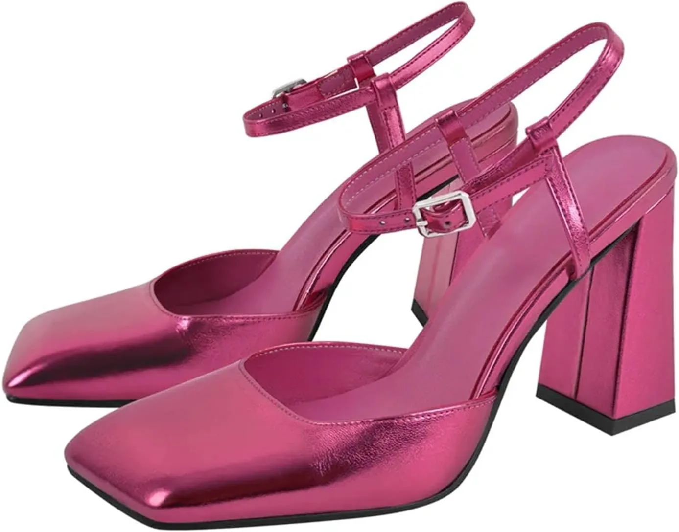 Women's Square Toe Pumps - Chunky Square Heel Ankle Strap Dress Shoes