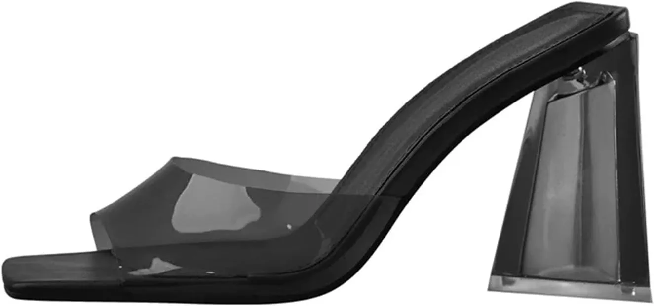 Women's Square Toe PVC Slip On Sandals - Clear High Heels Transparent Summer Casual Party