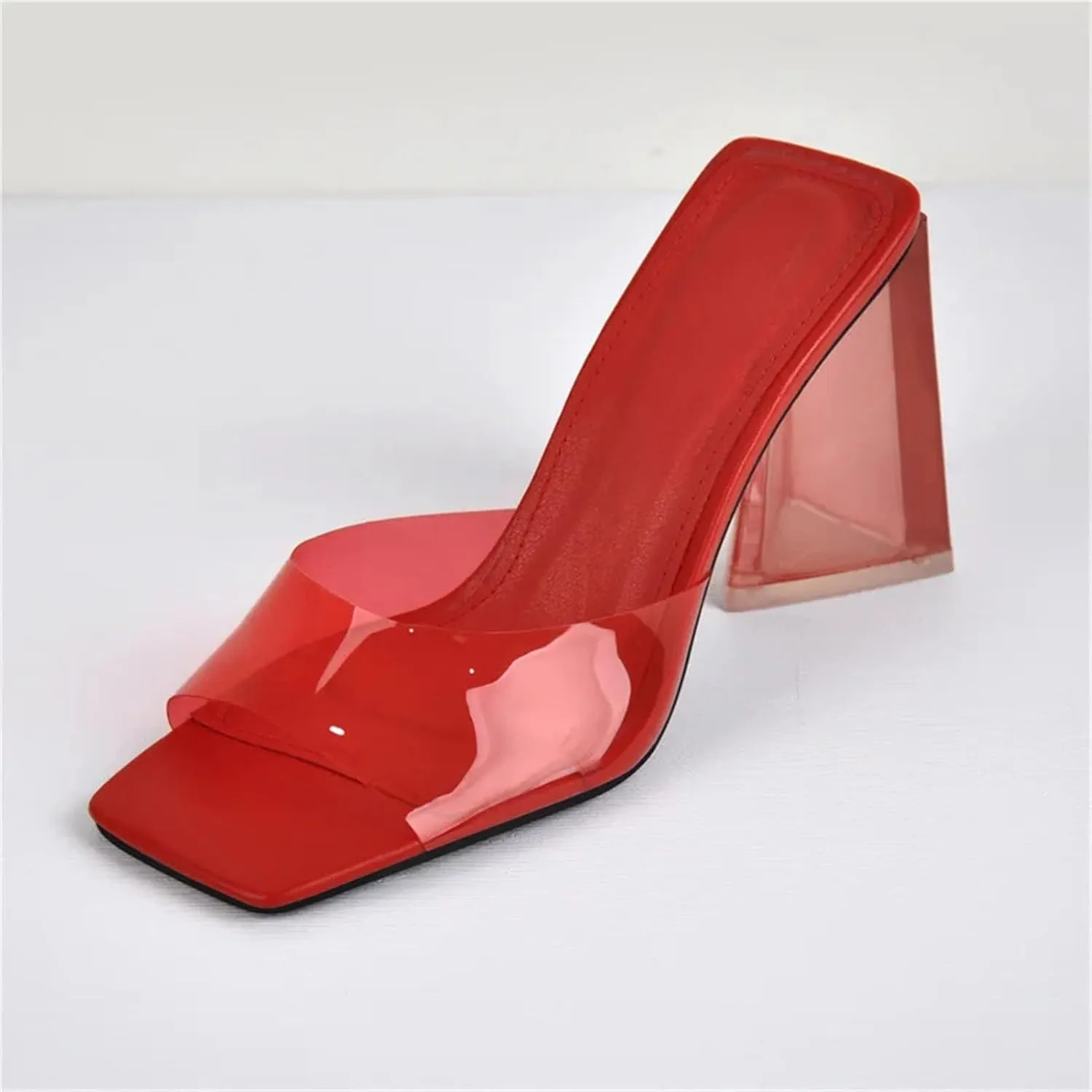 Women's Square Toe PVC Slip On Sandals - Clear High Heels Transparent Summer Casual Party
