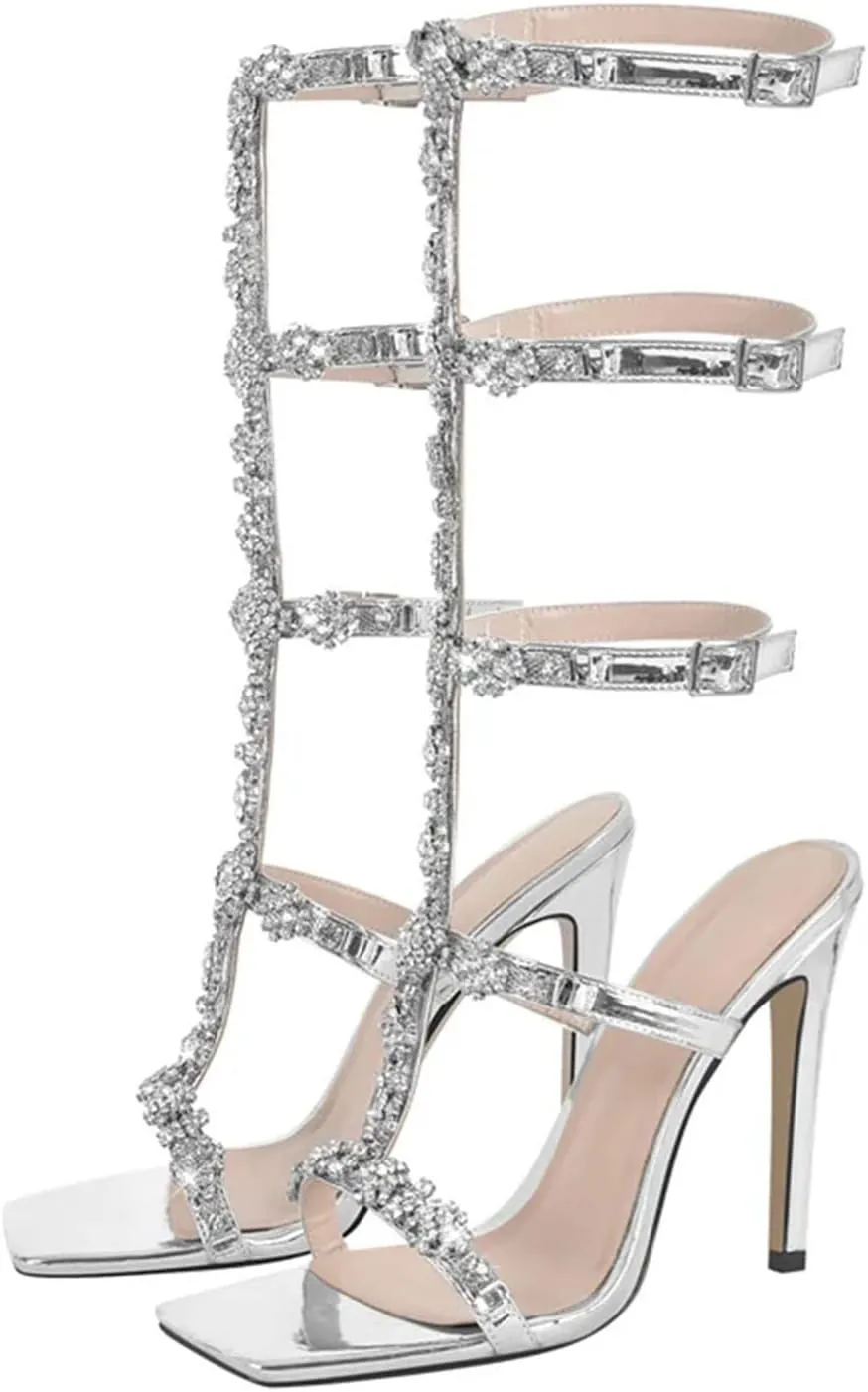 Women's Square Toe Rhinestone Sandals - Crystal Lace-Up Cross Strap Stilettos