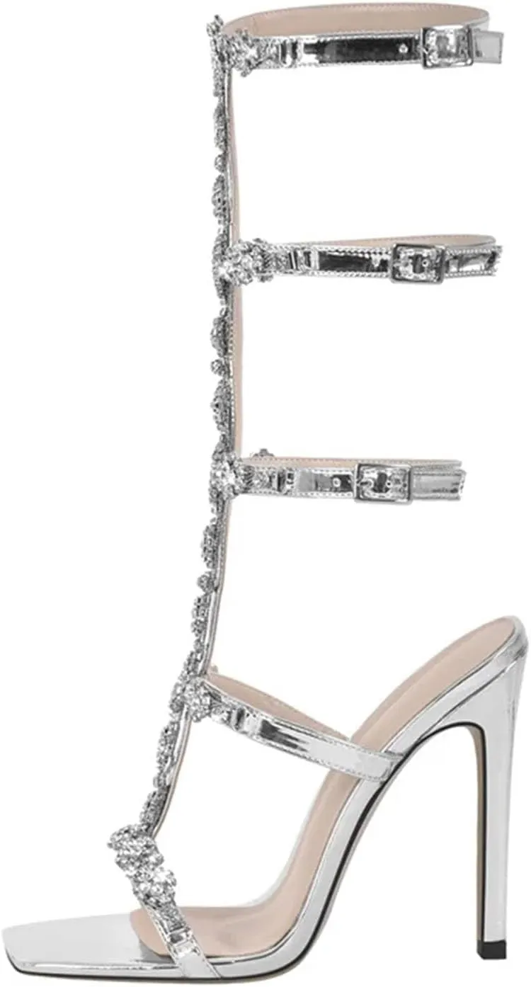 Women's Square Toe Rhinestone Sandals - Crystal Lace-Up Cross Strap Stilettos