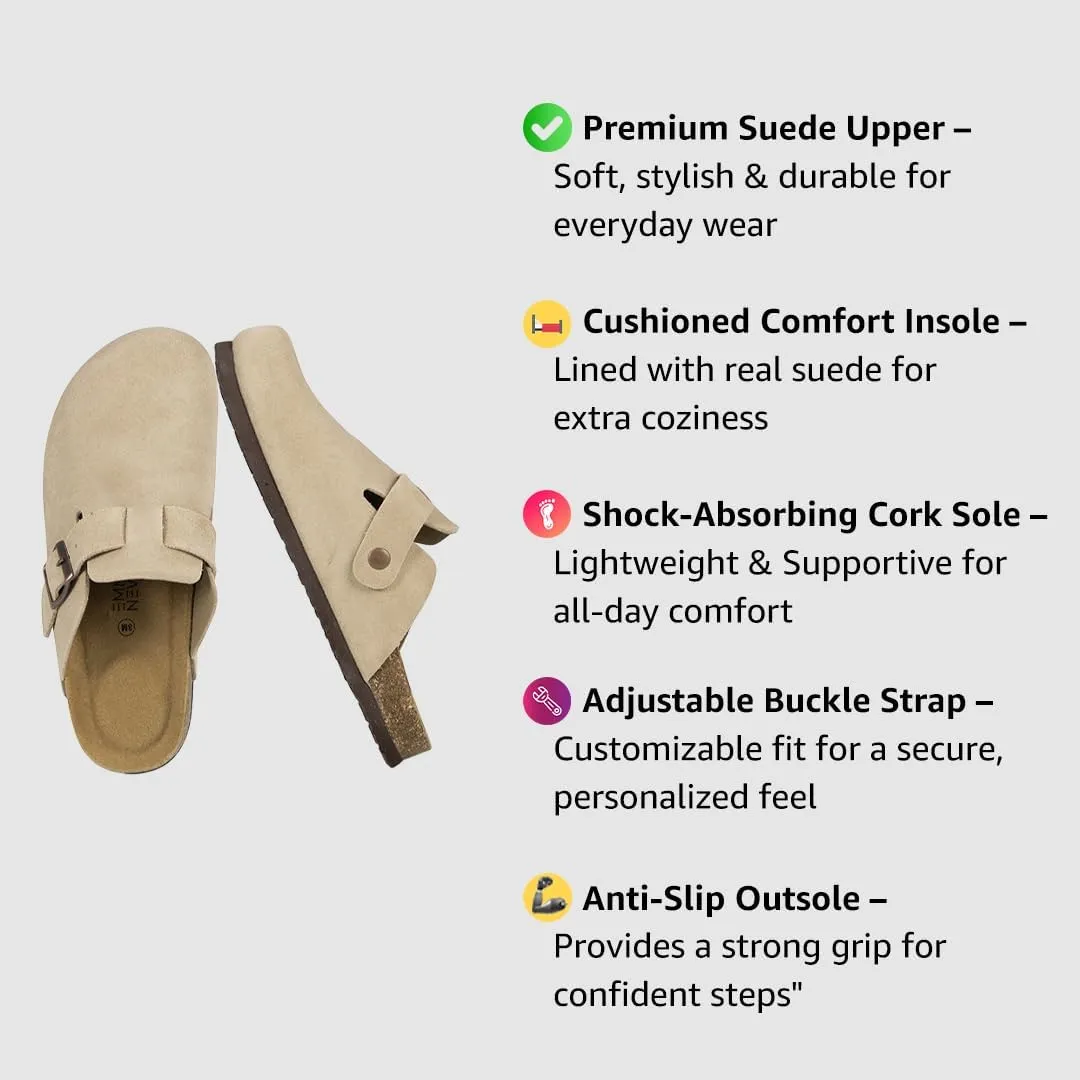 Women's Suede Clogs Slip-On Buckle Slides Leather Mules Cork Footbed Sandals Potato Shoes with Arch Support