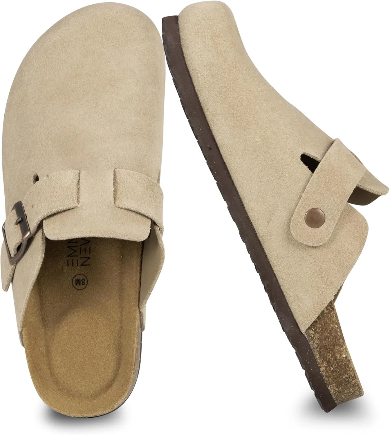 Women's Suede Clogs Slip-On Buckle Slides Leather Mules Cork Footbed Sandals Potato Shoes with Arch Support