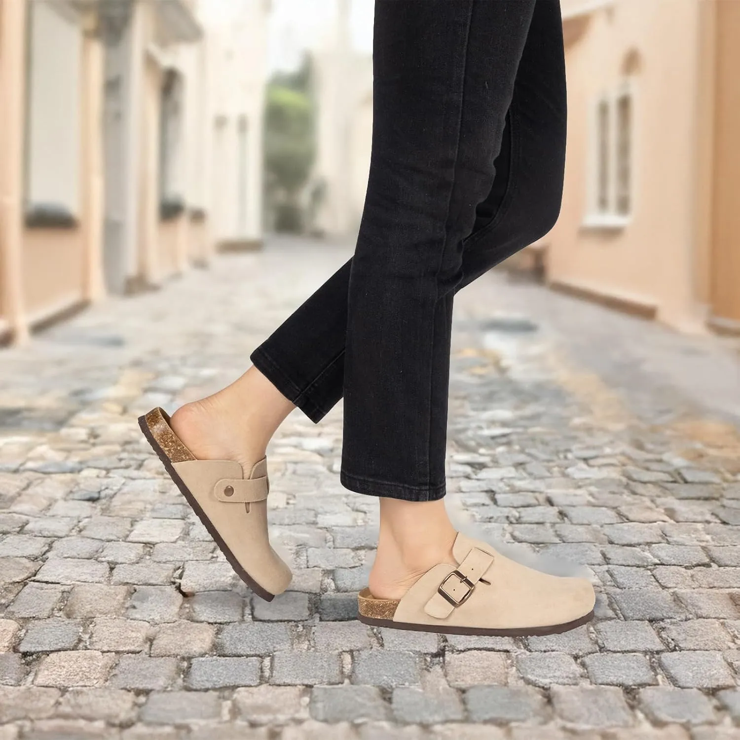 Women's Suede Clogs Slip-On Buckle Slides Leather Mules Cork Footbed Sandals Potato Shoes with Arch Support