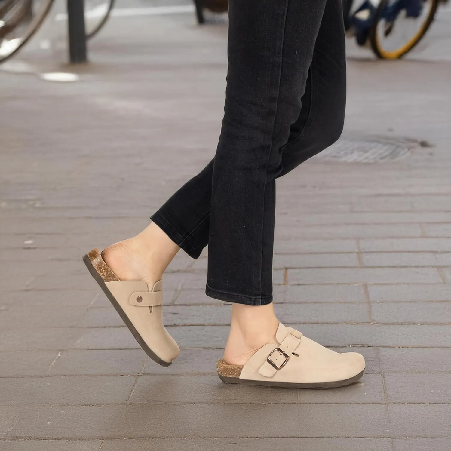 Women's Suede Clogs Slip-On Buckle Slides Leather Mules Cork Footbed Sandals Potato Shoes with Arch Support