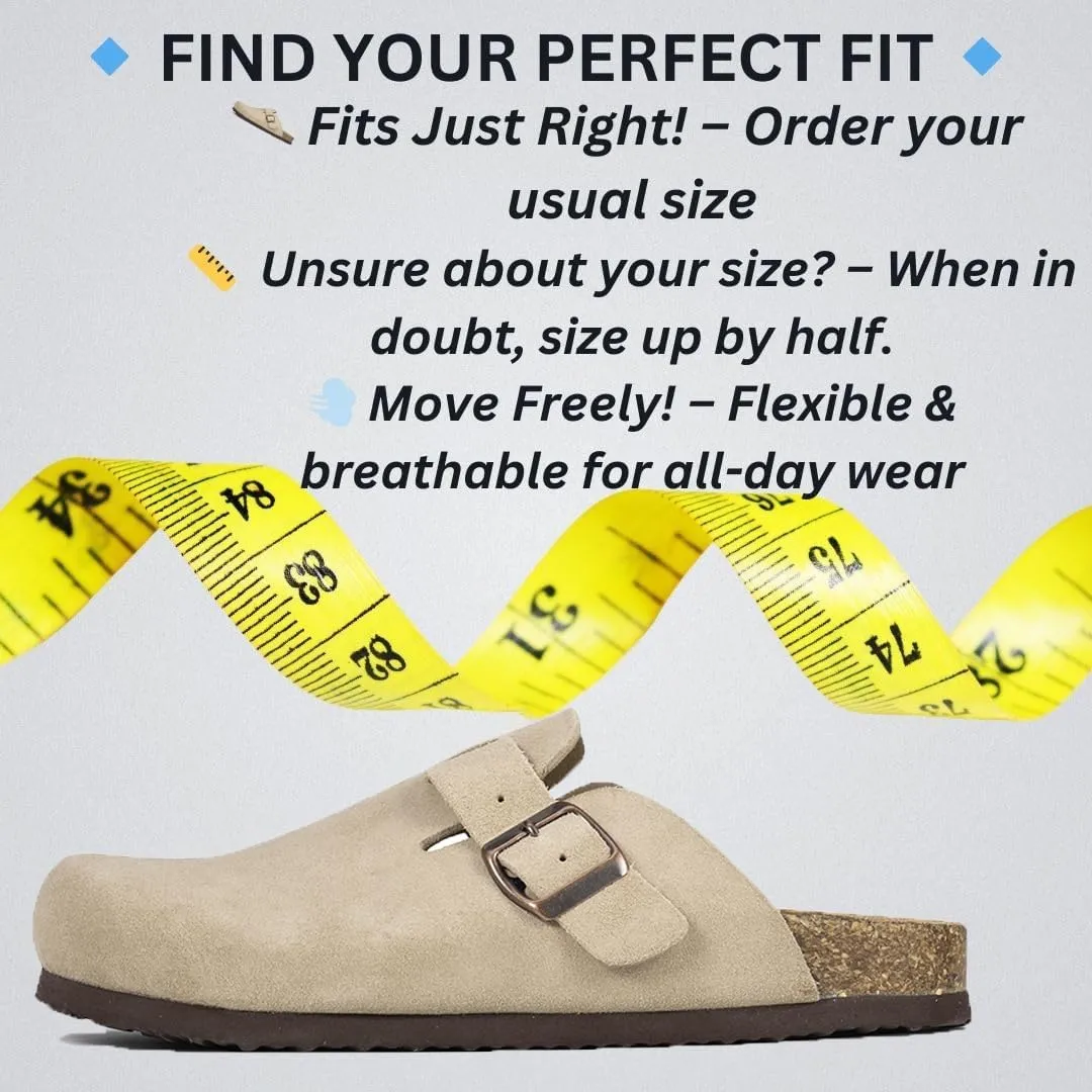 Women's Suede Clogs Slip-On Buckle Slides Leather Mules Cork Footbed Sandals Potato Shoes with Arch Support