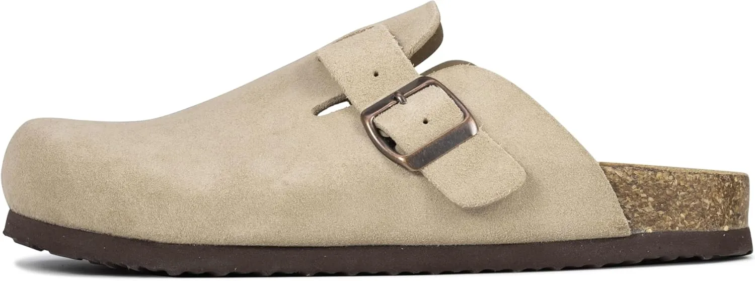 Women's Suede Clogs Slip-On Buckle Slides Leather Mules Cork Footbed Sandals Potato Shoes with Arch Support